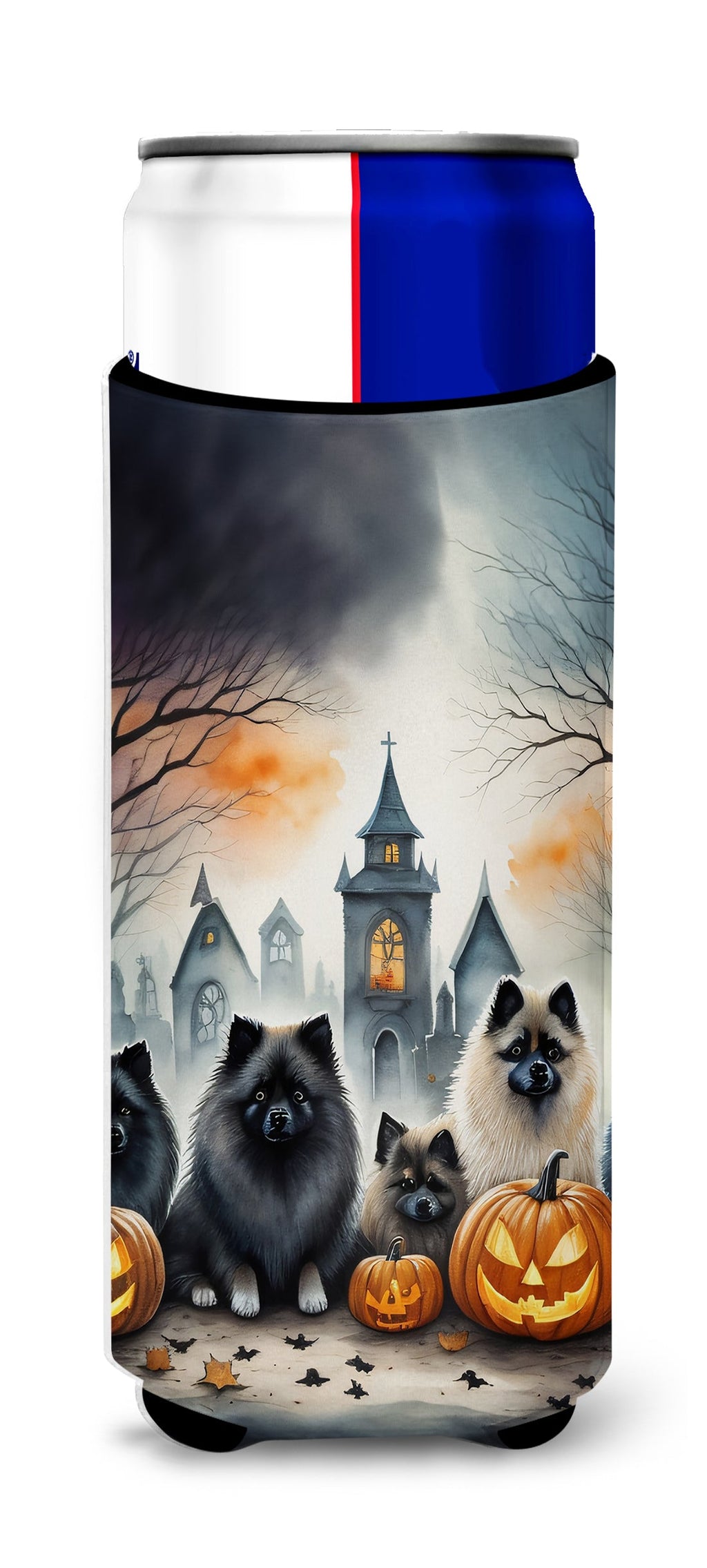 Keeshond Spooky Halloween Slim Can Hugger , Insulated Foam Hugger for 12 oz Slim Cans, Beer Bottles & Water Bottles, Printed in USA