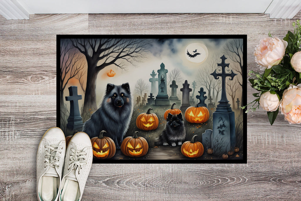 Keeshond Spooky Halloween Doormat Indoor Outdoor 18H X 27W Front Door Mat Rugs for Entryway, Non Slip Washable
