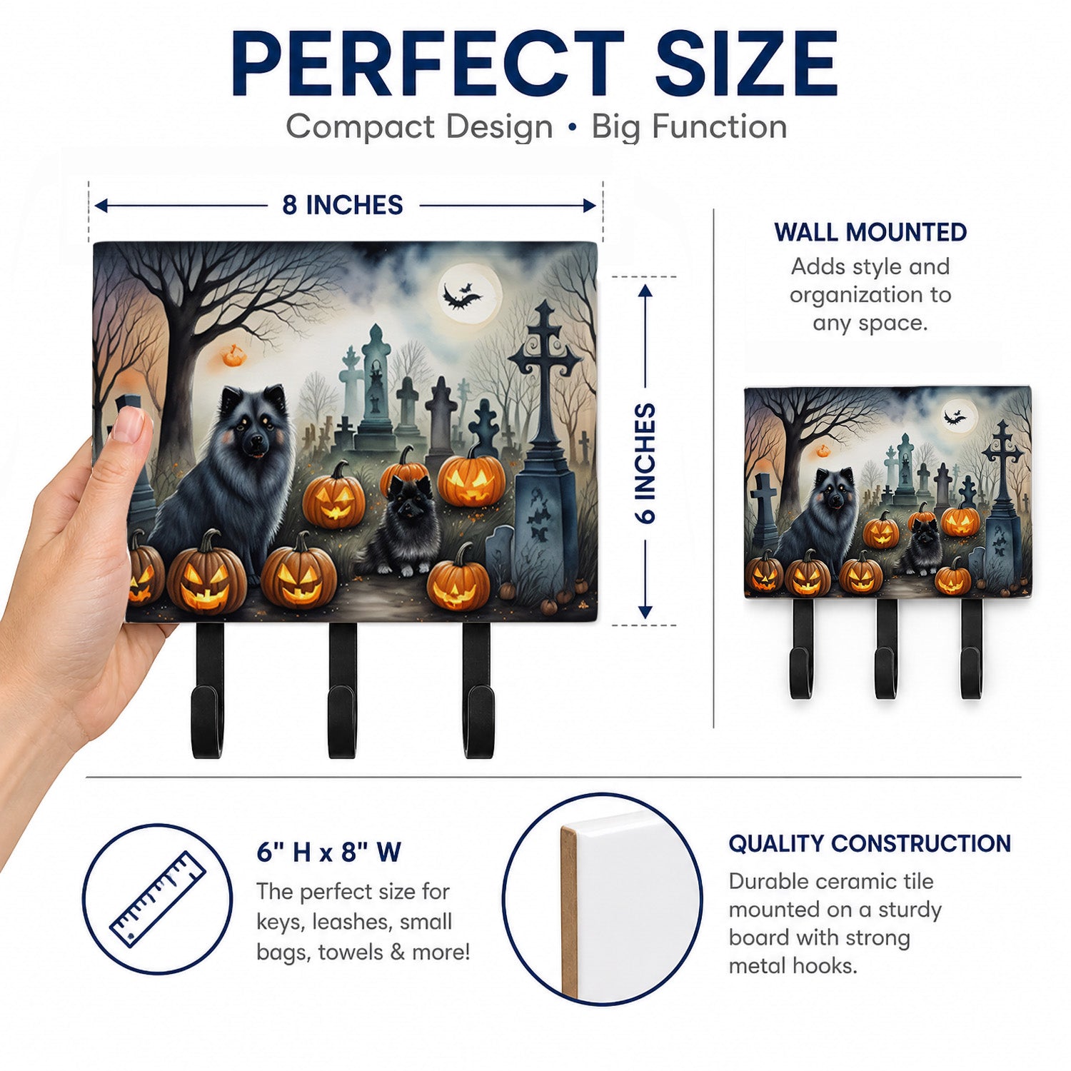 Keeshond Spooky Halloween Leash or Key Holder Wall Hooks, Coat Rack Wall Mount, for Hanging Keys, Towels, Aprons, Leashes