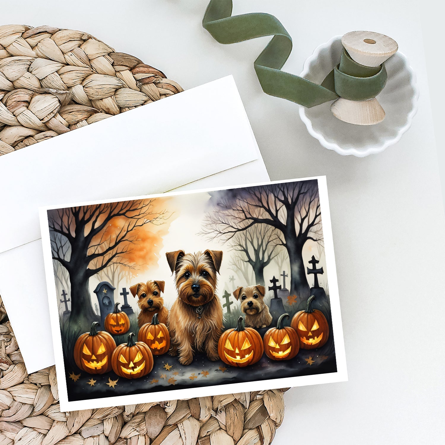 Norfolk Terrier Spooky Halloween Greeting Cards Pack of 8 Blank Cards with Envelopes Whimsical A7 Size 5x7