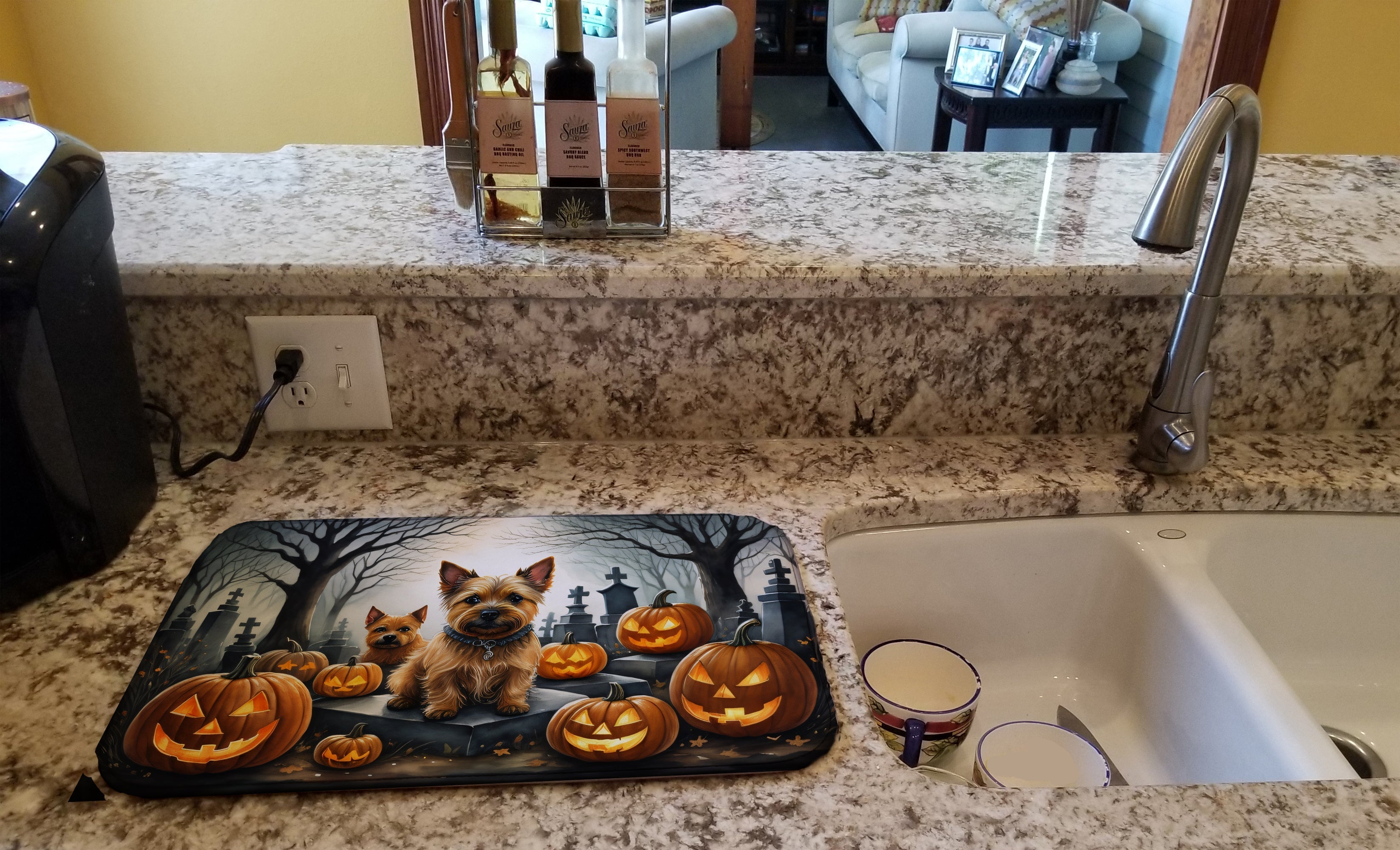 Norwich Terrier Spooky Halloween Dish Drying Mat Absorbent Dish Drying Mat Pad for Kitchen Counter Dish Drainer Mat for Countertop, 14 x 21", Multicolor