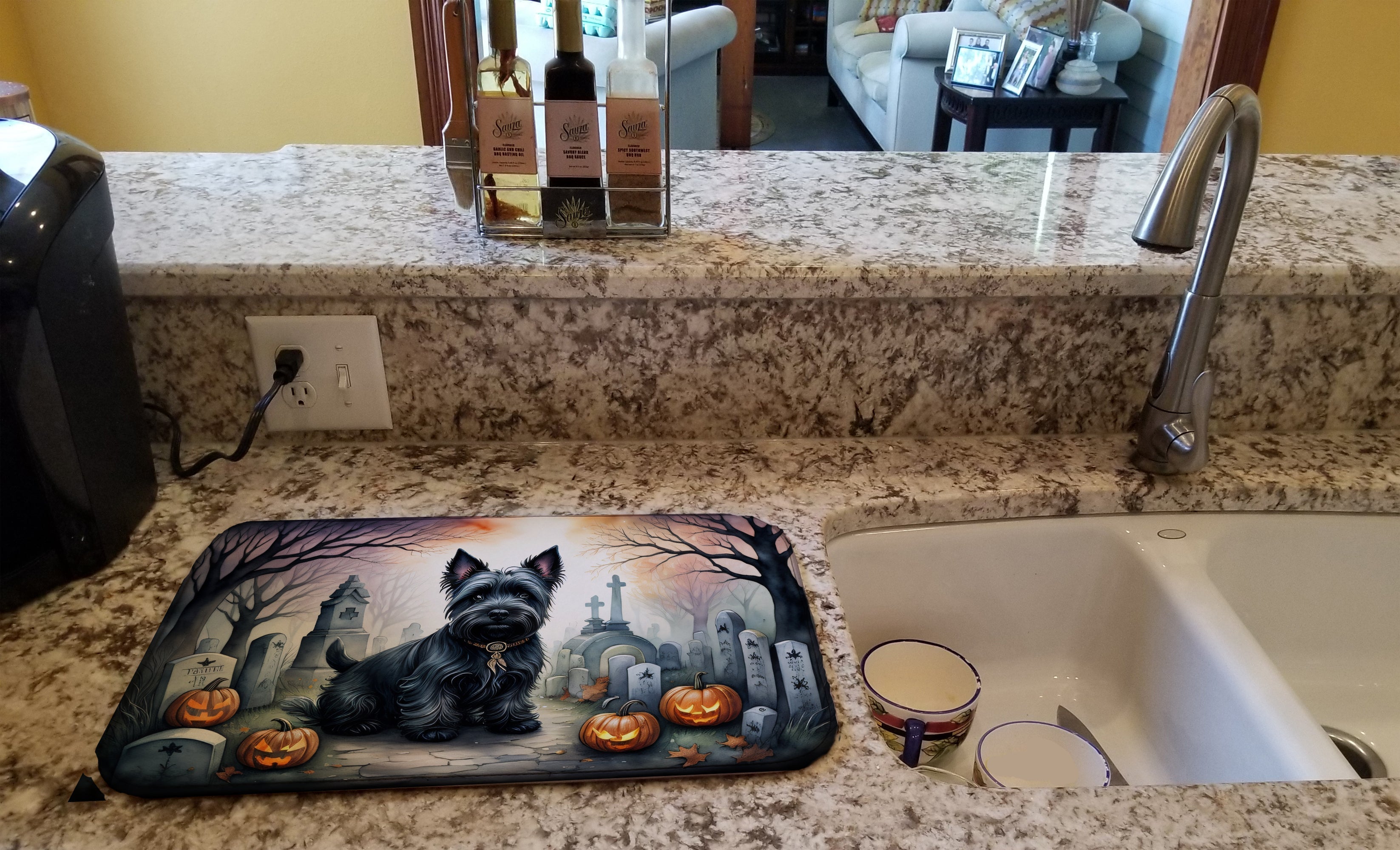 Scottish Terrier Spooky Halloween Dish Drying Mat Absorbent Dish Drying Mat Pad for Kitchen Counter Dish Drainer Mat for Countertop, 14 x 21", Multicolor