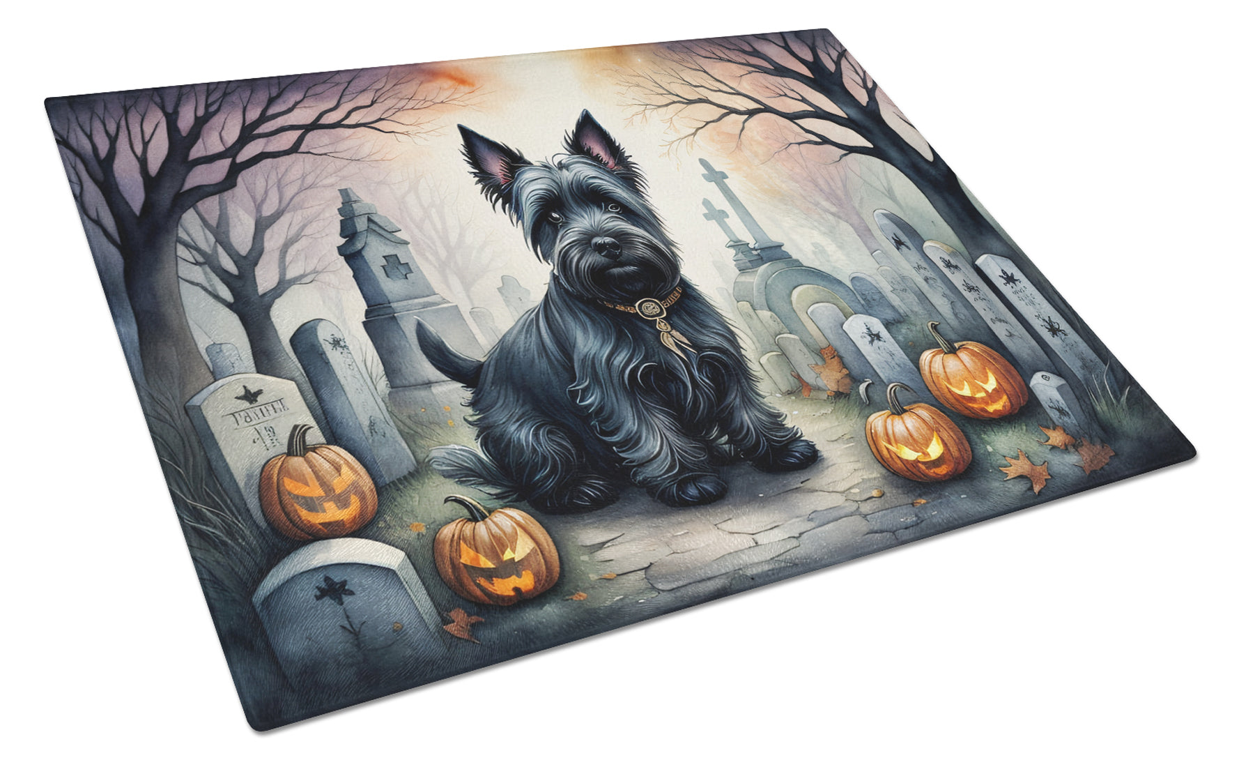Scottish Terrier Spooky Halloween Cutting Board Tempered Glass Kitchen Cutting Surface, Heat Resistant Chopping, Non-Slip Feet, Food Prep & Serving