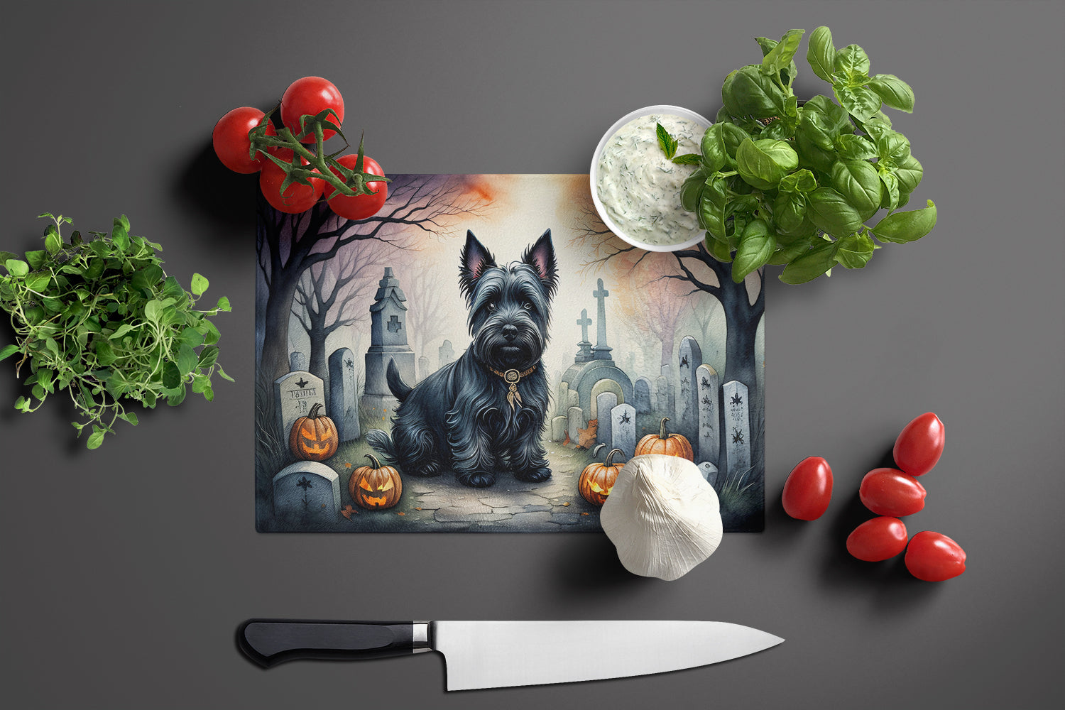 Scottish Terrier Spooky Halloween Cutting Board Tempered Glass Kitchen Cutting Surface, Heat Resistant Chopping, Non-Slip Feet, Food Prep & Serving