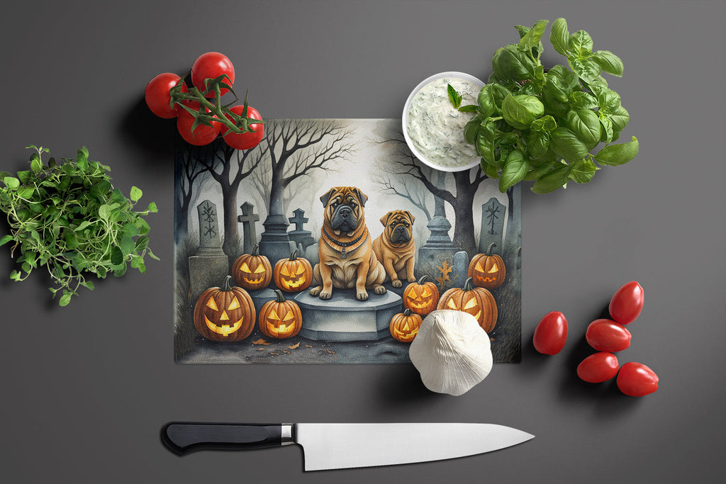 Shar Pei Spooky Halloween Cutting Board Tempered Glass Kitchen Cutting Surface, Heat Resistant Chopping, Non-Slip Feet, Food Prep & Serving
