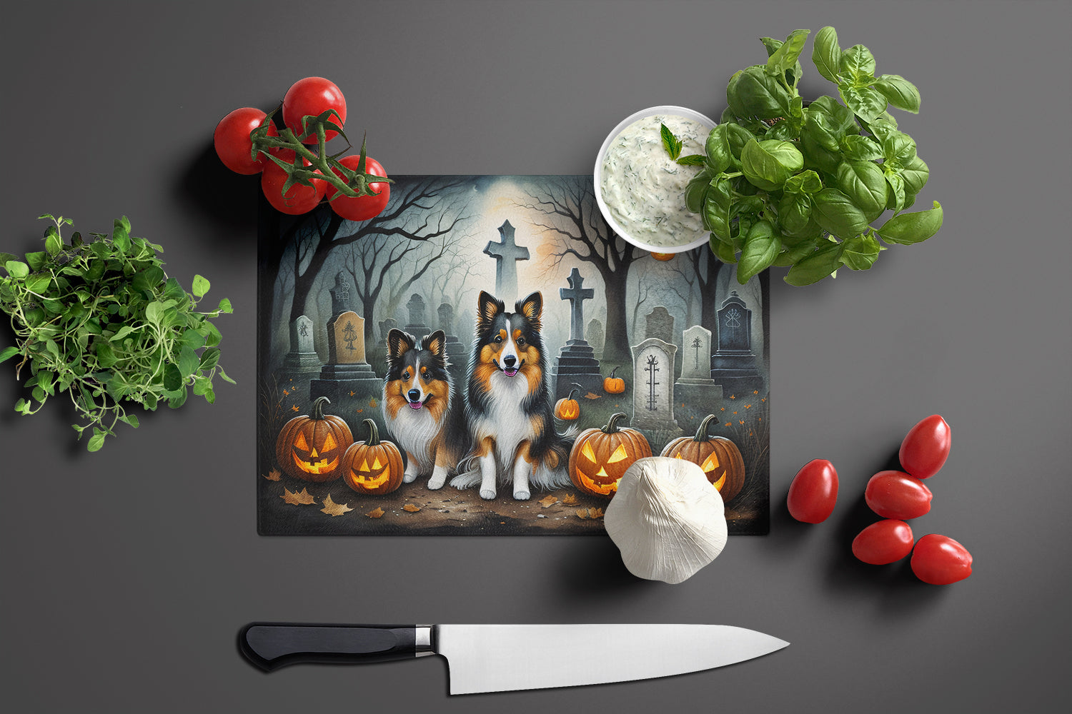 Sheltie Spooky Halloween Cutting Board Tempered Glass Kitchen Cutting Surface, Heat Resistant Chopping, Non-Slip Feet, Food Prep & Serving