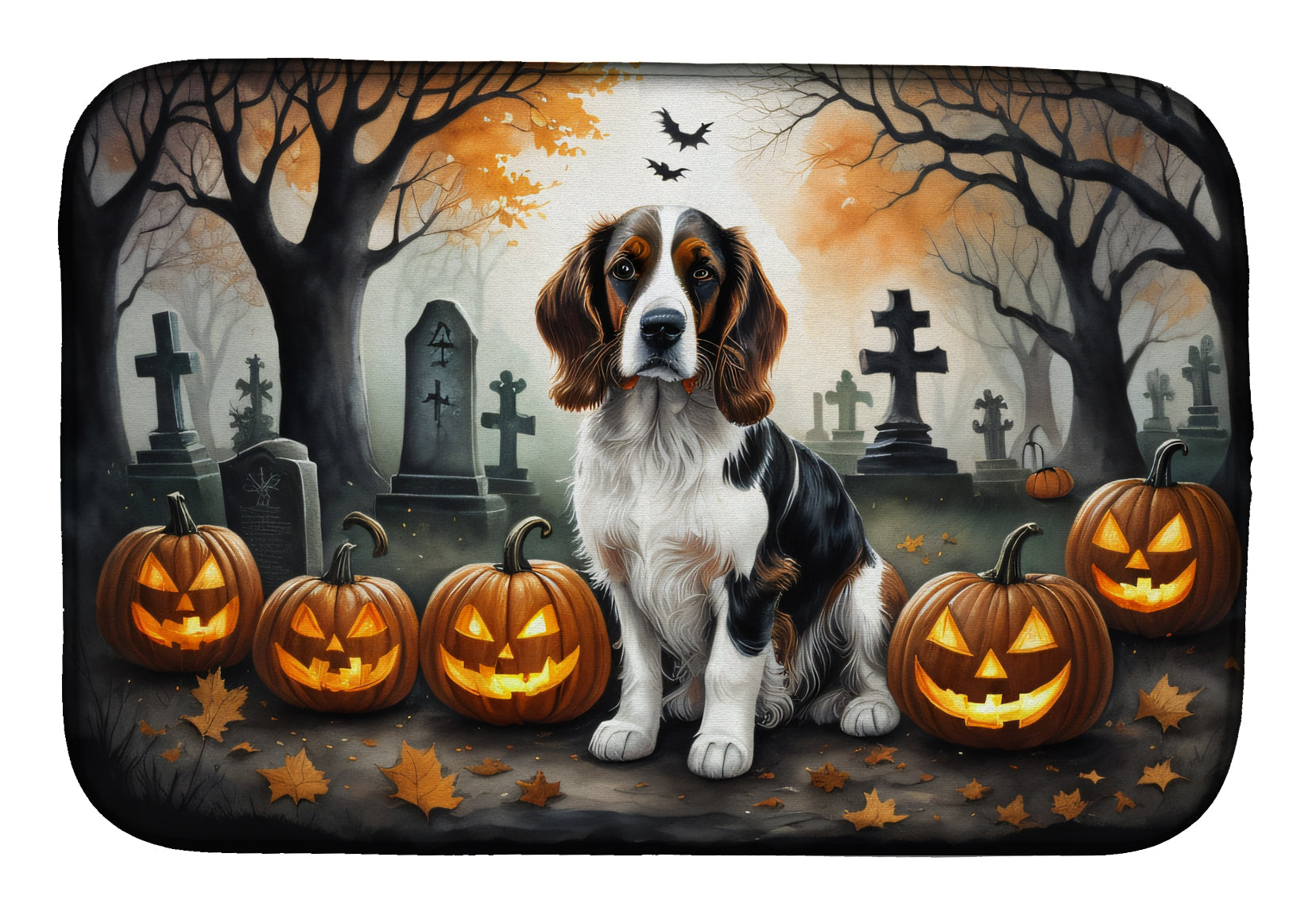 Welsh Springer Spaniel Spooky Halloween Dish Drying Mat Absorbent Dish Drying Mat Pad for Kitchen Counter Dish Drainer Mat for Countertop, 14 x 21", Multicolor