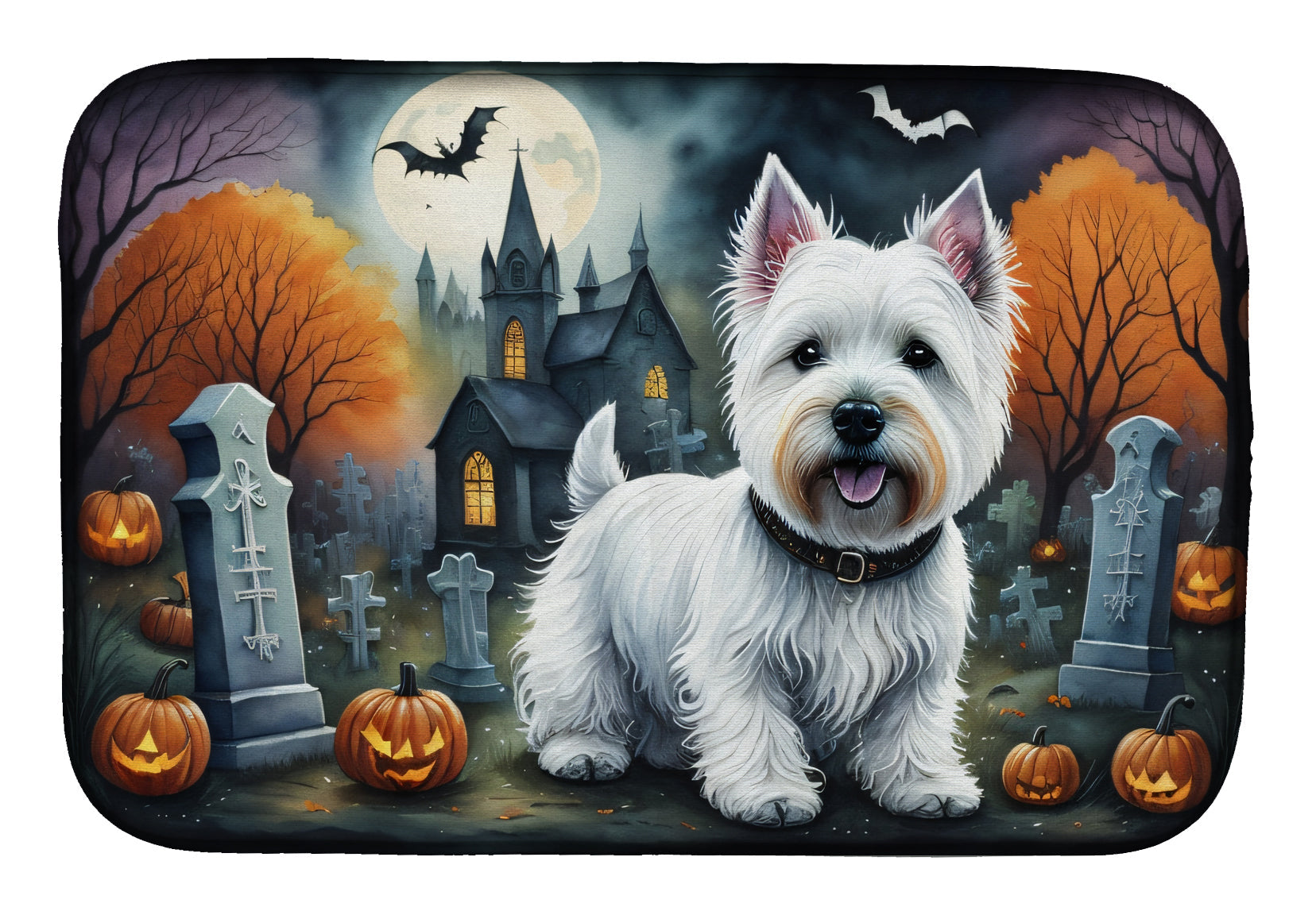 Westie Spooky Halloween Dish Drying Mat Absorbent Dish Drying Mat Pad for Kitchen Counter Dish Drainer Mat for Countertop, 14 x 21", Multicolor