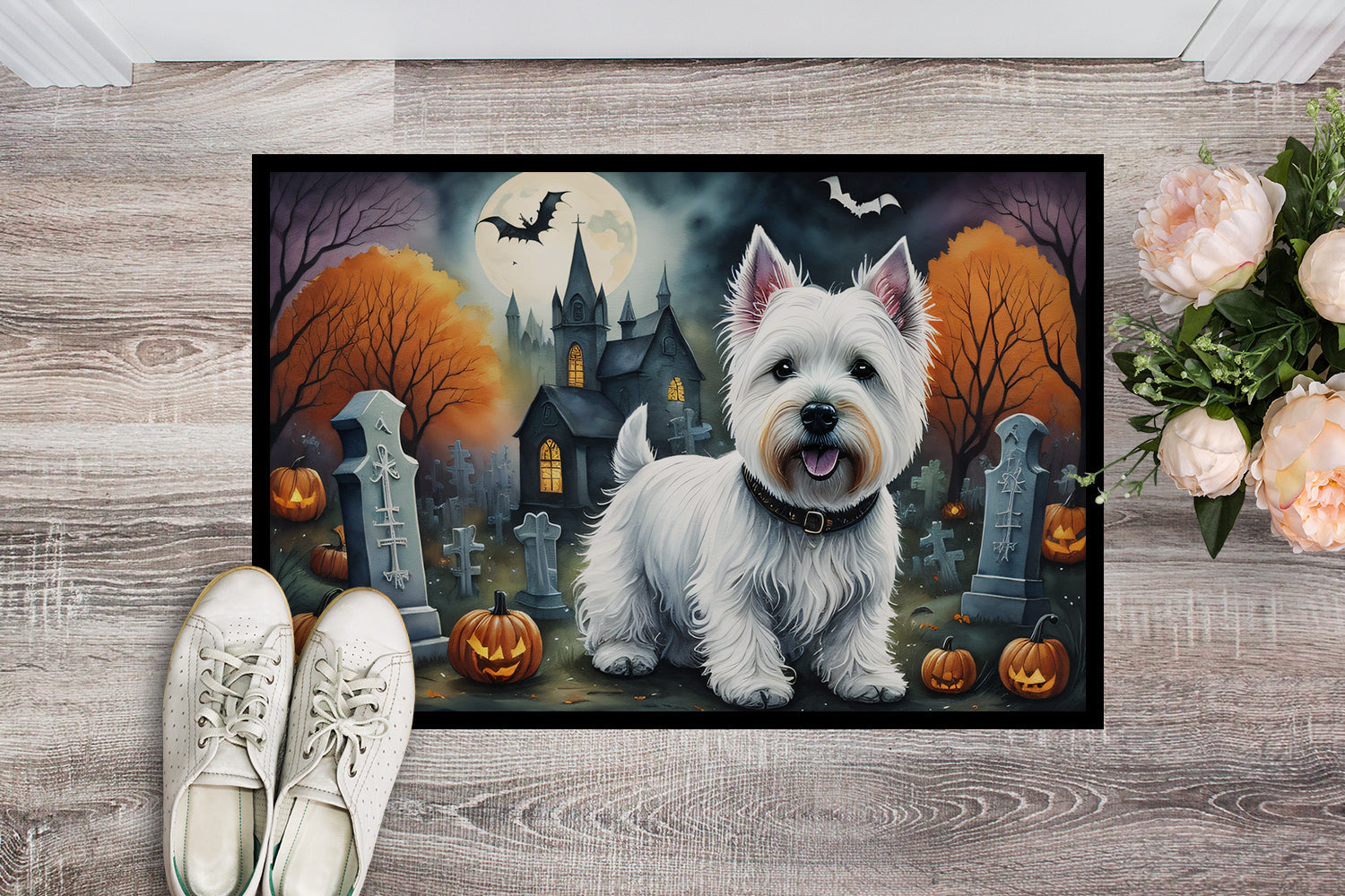 Westie Spooky Halloween Doormat Indoor Outdoor 24H X 36W Front Door Mat Rugs for Entryway, Non Slip Washable Low Pile,