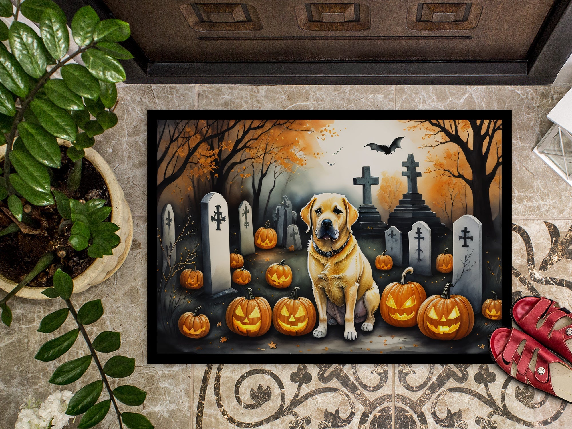 Yellow Labrador Retriever Spooky Halloween Doormat Indoor Outdoor 24H X 36W Front Door Mat Rugs for Entryway, Non Slip Washable Low Pile,