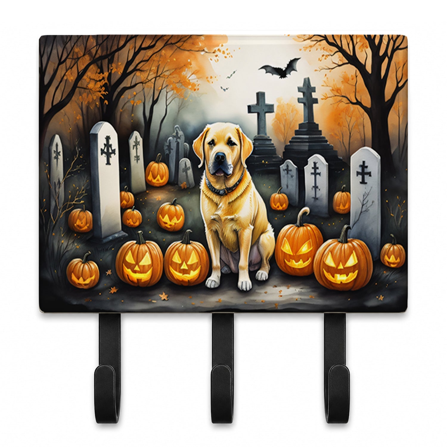 Yellow Labrador Retriever Spooky Halloween Leash or Key Holder Wall Hooks, Coat Rack Wall Mount, for Hanging Keys, Towels, Aprons, Leashes