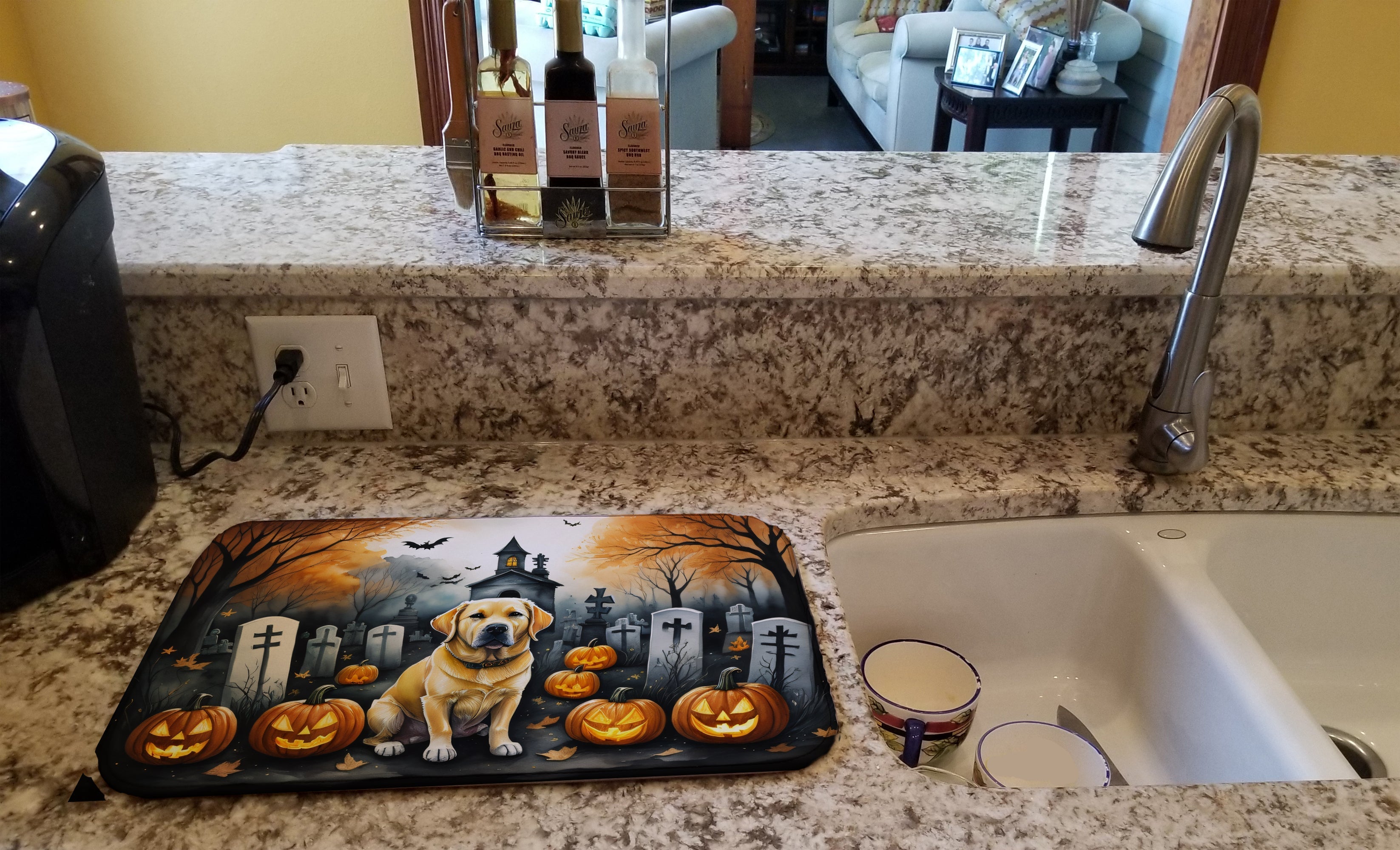 Yellow Labrador Retriever Spooky Halloween Dish Drying Mat Absorbent Dish Drying Mat Pad for Kitchen Counter Dish Drainer Mat for Countertop, 14 x 21", Multicolor