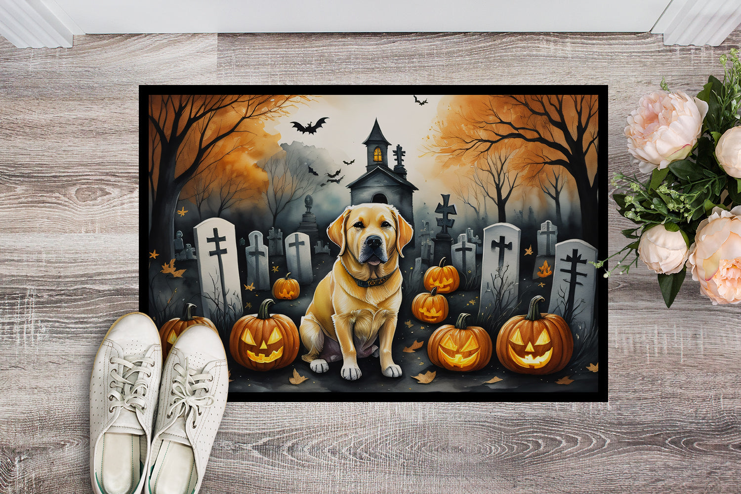 Yellow Labrador Retriever Spooky Halloween Doormat Indoor Outdoor 18H X 27W Front Door Mat Rugs for Entryway, Non Slip Washable