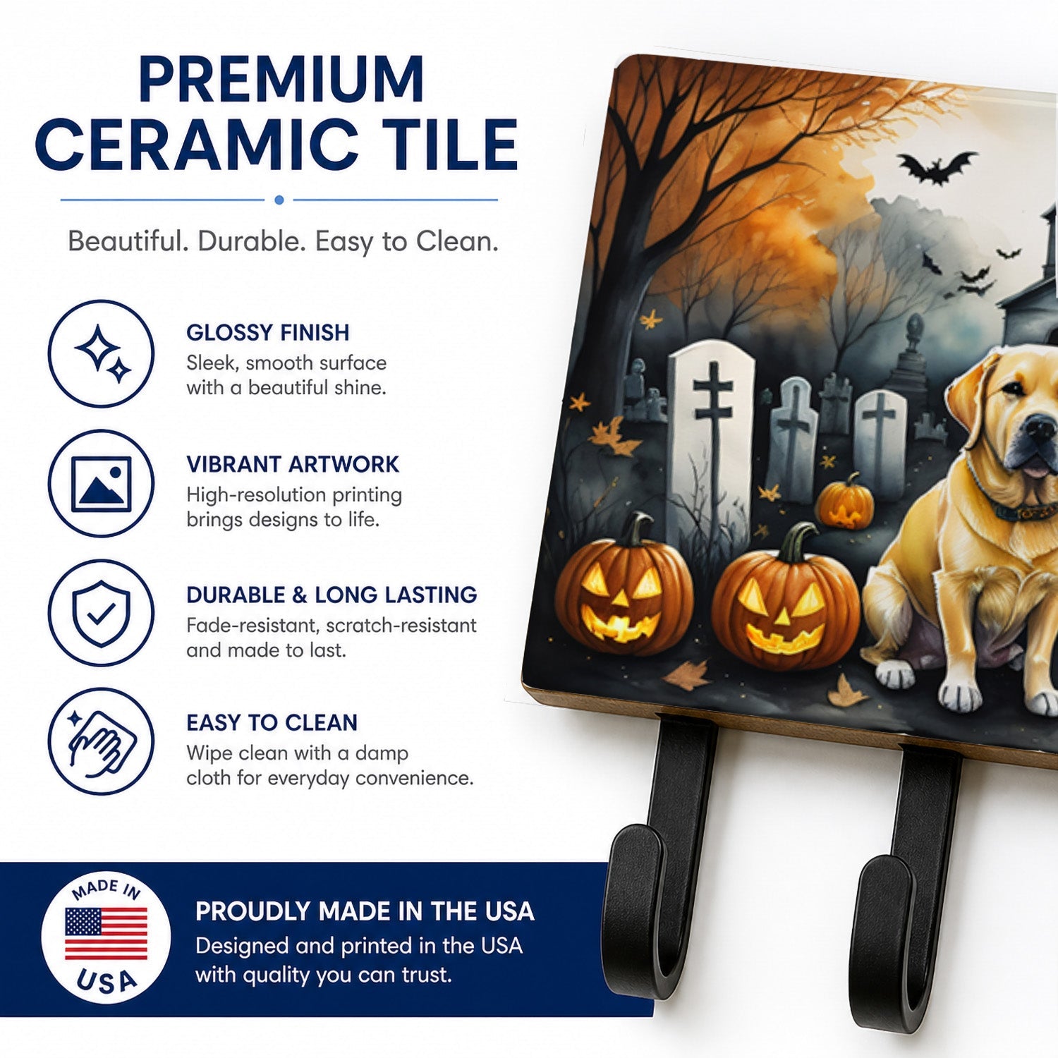 Yellow Labrador Retriever Spooky Halloween Leash or Key Holder Wall Hooks, Coat Rack Wall Mount, for Hanging Keys, Towels, Aprons, Leashes