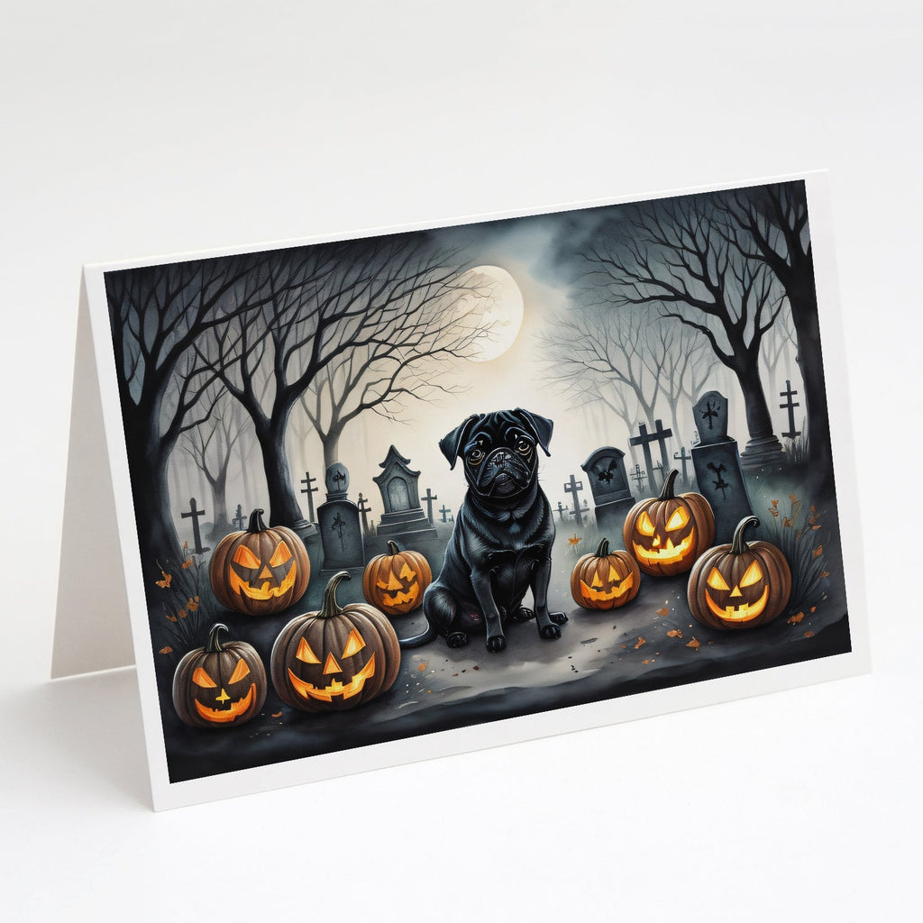 Black Pug Spooky Halloween Greeting Cards Pack of 8 Blank Cards with Envelopes Whimsical A7 Size 5x7