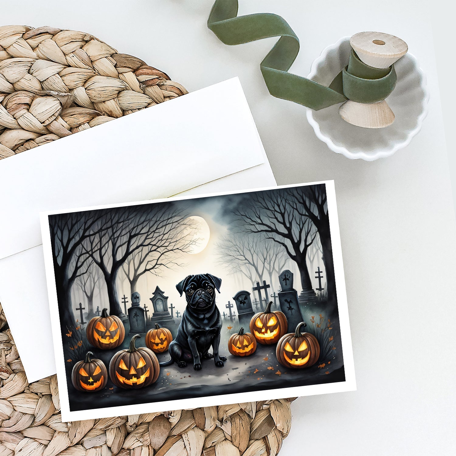 Black Pug Spooky Halloween Greeting Cards Pack of 8 Blank Cards with Envelopes Whimsical A7 Size 5x7