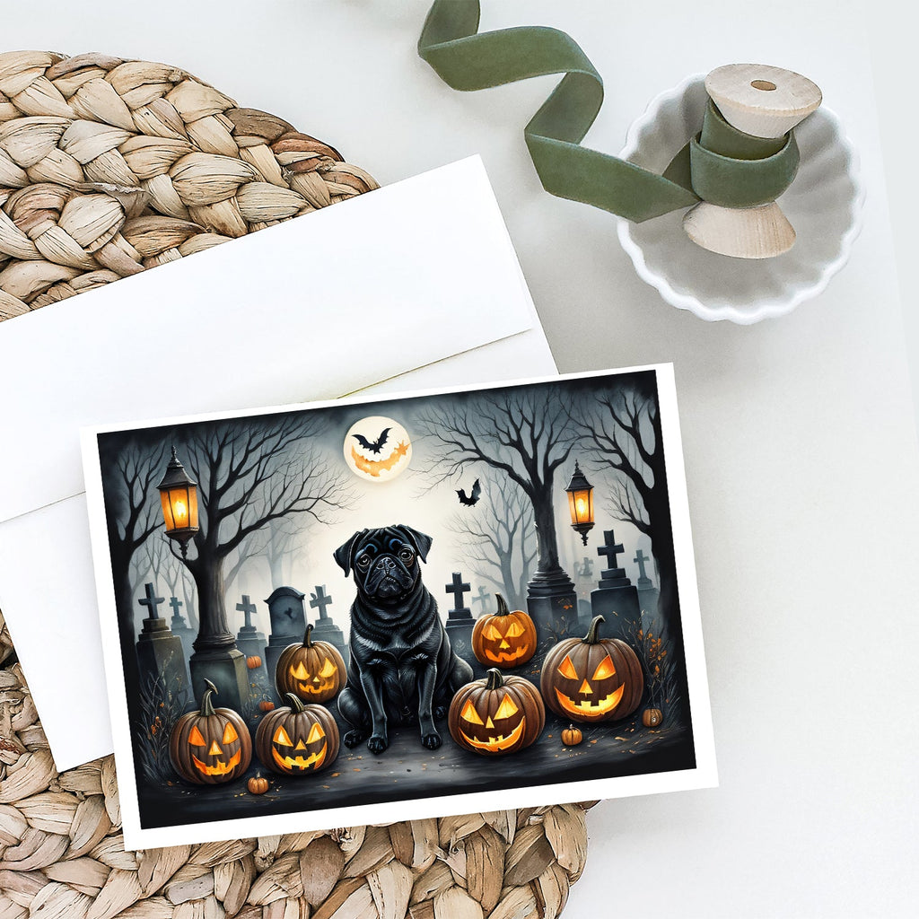Black Pug Spooky Halloween Greeting Cards Pack of 8 Blank Cards with Envelopes Whimsical A7 Size 5x7