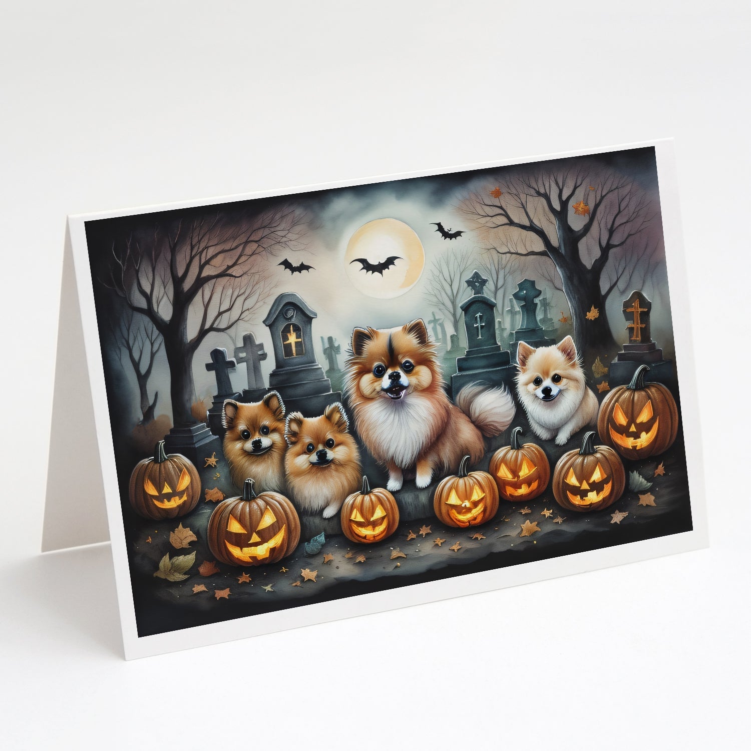 Pomeranian Spooky Halloween Greeting Cards Pack of 8 Blank Cards with Envelopes Whimsical A7 Size 5x7