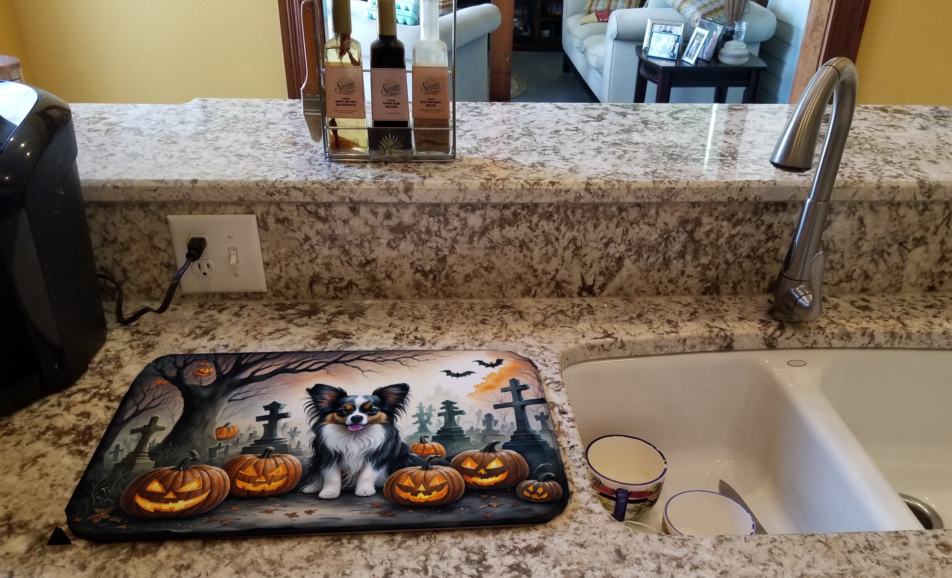 Papillon Spooky Halloween Dish Drying Mat Absorbent Dish Drying Mat Pad for Kitchen Counter Dish Drainer Mat for Countertop, 14 x 21", Multicolor