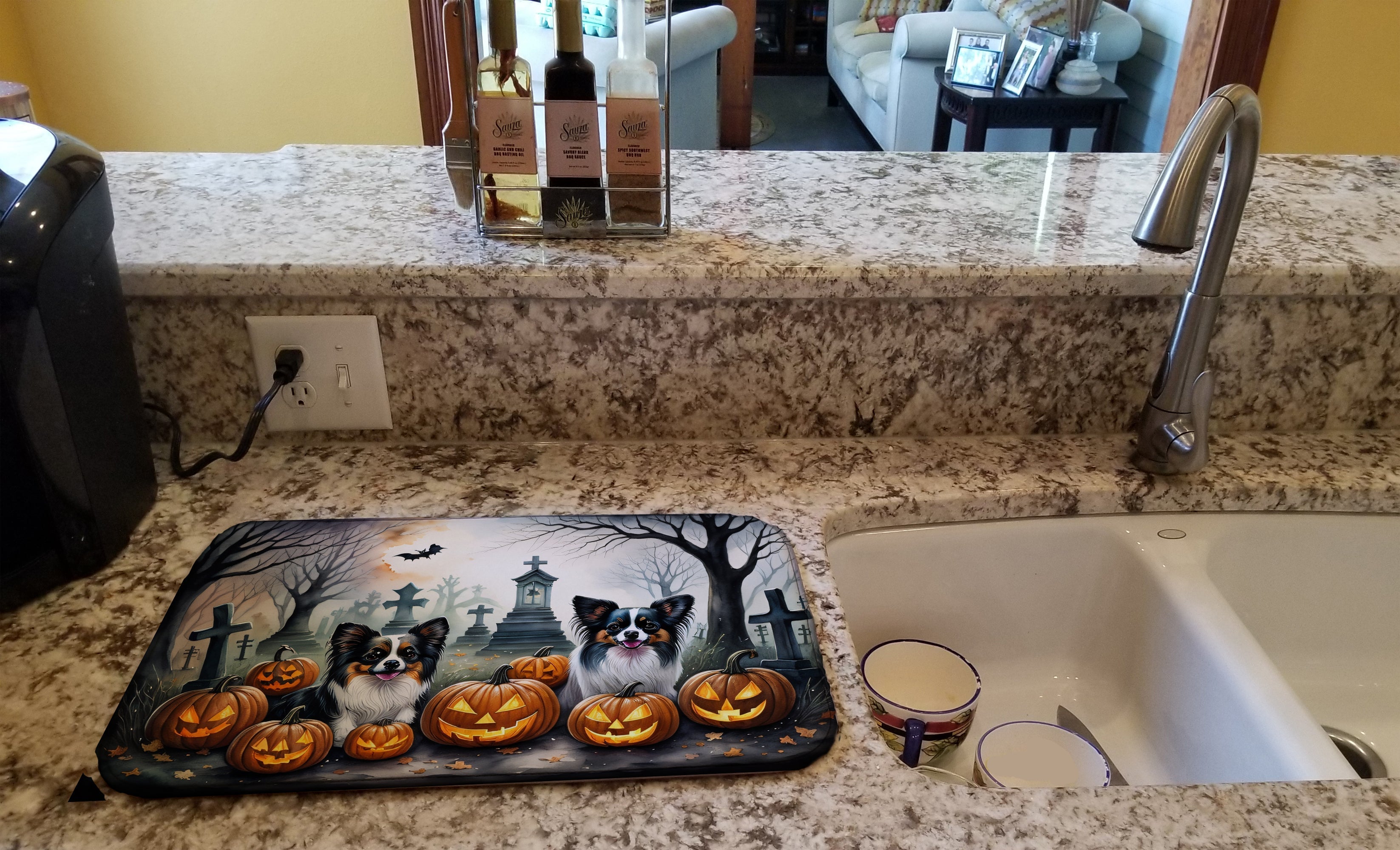 Papillon Spooky Halloween Dish Drying Mat Absorbent Dish Drying Mat Pad for Kitchen Counter Dish Drainer Mat for Countertop, 14 x 21", Multicolor