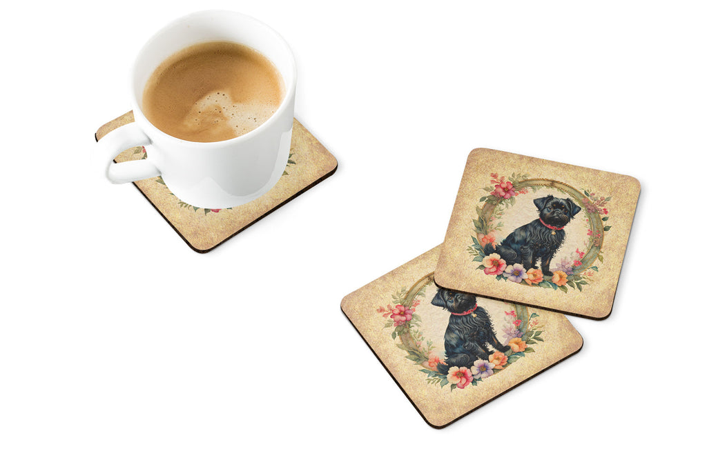 Affenpinscher and Flowers Foam Coasters Set of 4 Cup Coasters for Indoor Outdoor, Tabletop Protection, Anti Slip, Mouse pad Material