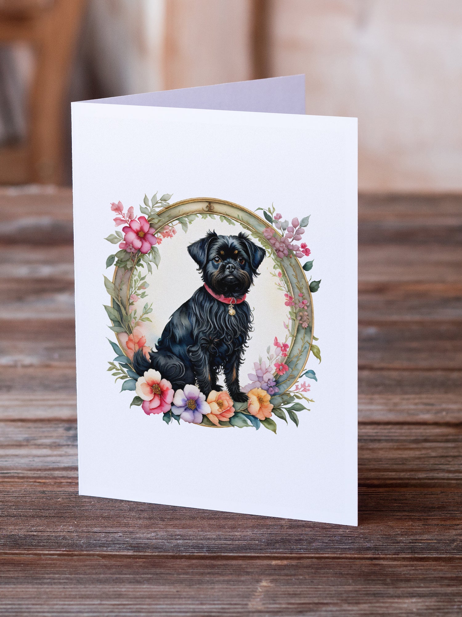 Affenpinscher and Flowers Greeting Cards Pack of 8 Blank Cards with Envelopes Whimsical A7 Size 5x7