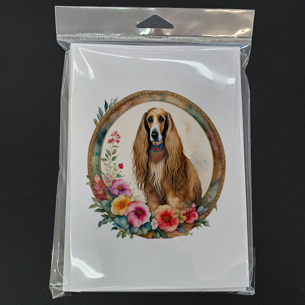 Afghan Hound and Flowers Greeting Cards Pack of 8 Blank Cards with Envelopes Whimsical A7 Size 5x7