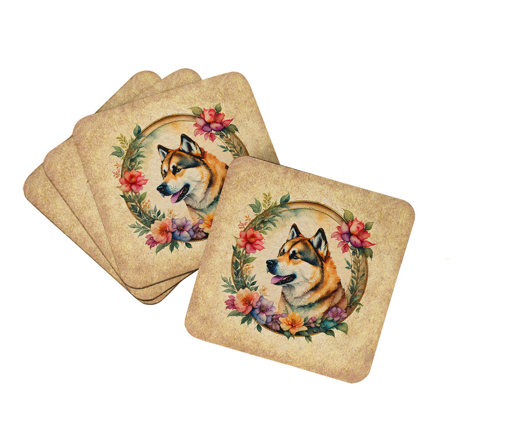 Akita and Flowers Foam Coasters Set of 4 Cup Coasters for Indoor Outdoor, Tabletop Protection, Anti Slip, Mouse pad Material