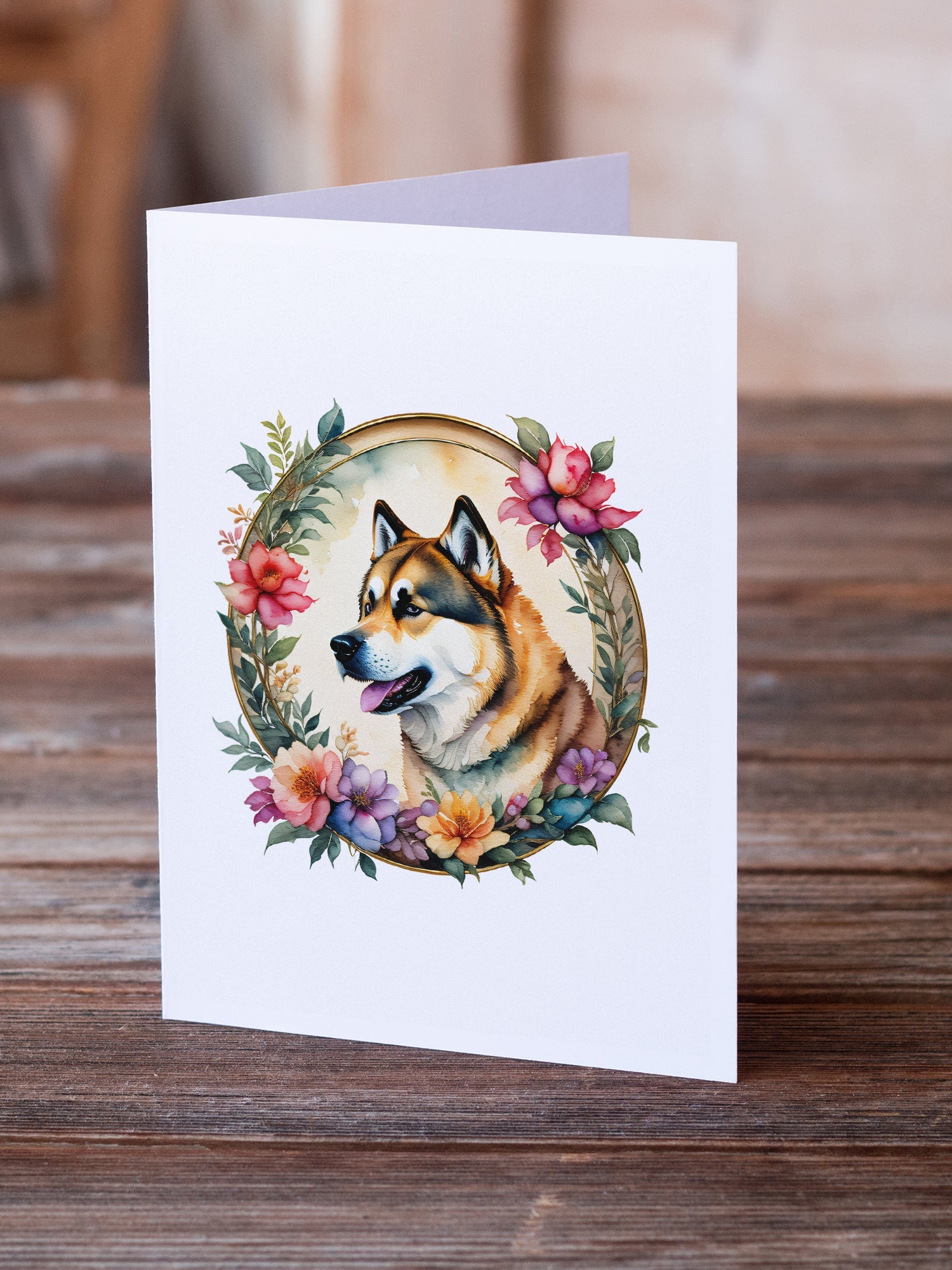 Akita and Flowers Greeting Cards Pack of 8 Blank Cards with Envelopes Whimsical A7 Size 5x7