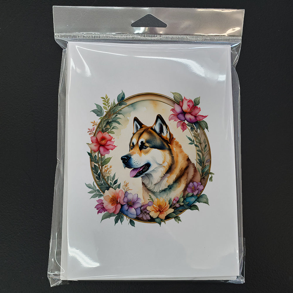 Akita and Flowers Greeting Cards Pack of 8 Blank Cards with Envelopes Whimsical A7 Size 5x7