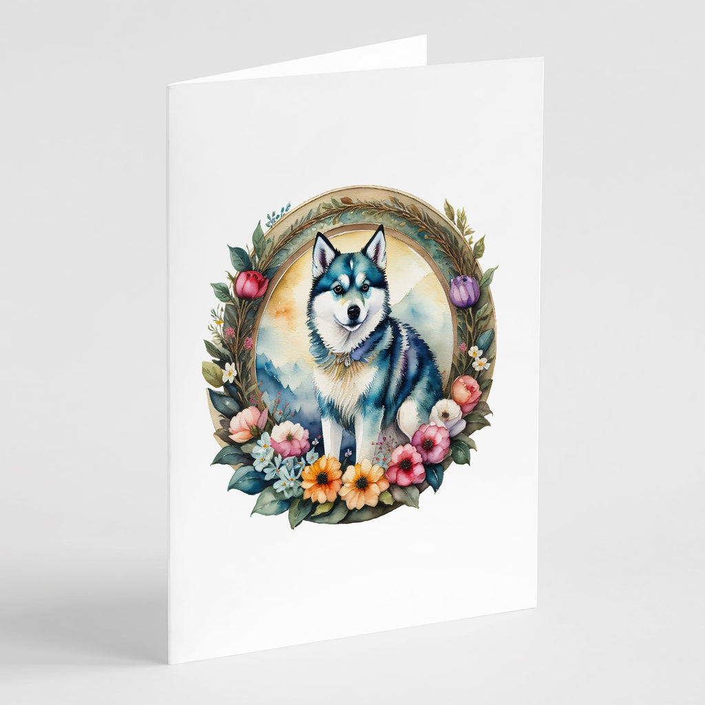 Alaskan Klee Kai and Flowers Greeting Cards Pack of 8 Blank Cards with Envelopes Whimsical A7 Size 5x7