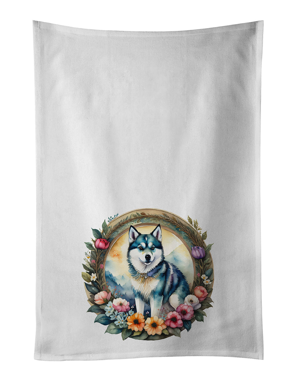 Alaskan Klee Kai and Flowers Kitchen Towel Set of 2 White Dish Towels Decorative Bathroom Hand towel for Hand, Face, Hair, Yoga, Tea, Dishcloth, 19 X 28", White