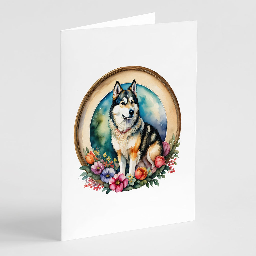 Alaskan Malamute and Flowers Greeting Cards Pack of 8 Blank Cards with Envelopes Whimsical A7 Size 5x7