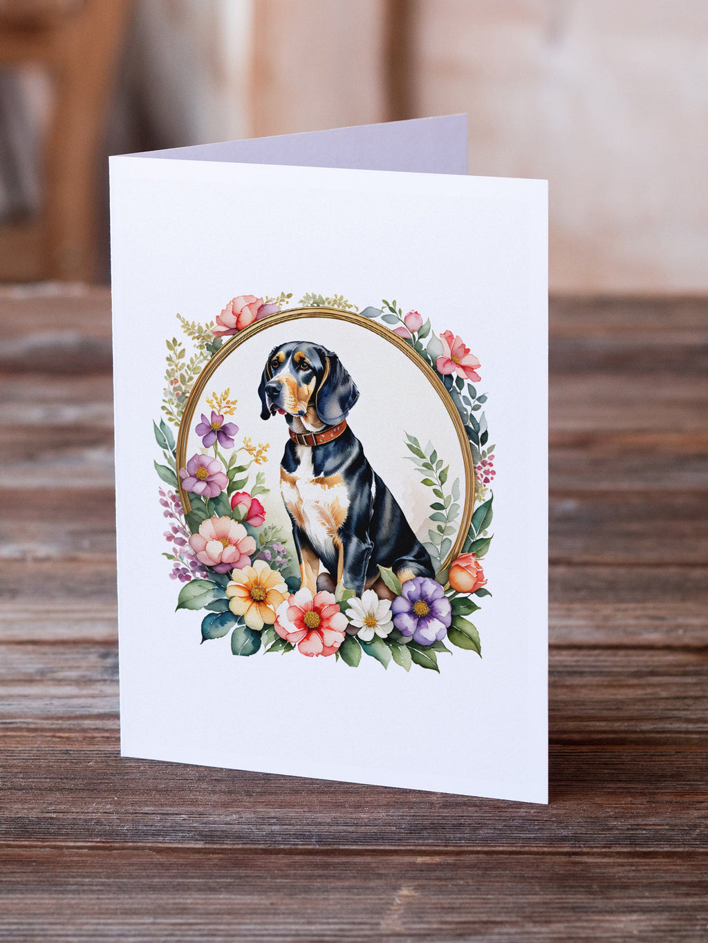 American English Coonhound and Flowers Greeting Cards Pack of 8 Blank Cards with Envelopes Whimsical A7 Size 5x7