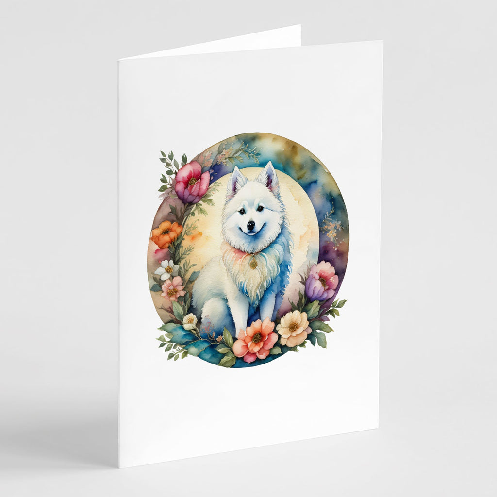 American Eskimo and Flowers Greeting Cards Pack of 8 Blank Cards with Envelopes Whimsical A7 Size 5x7