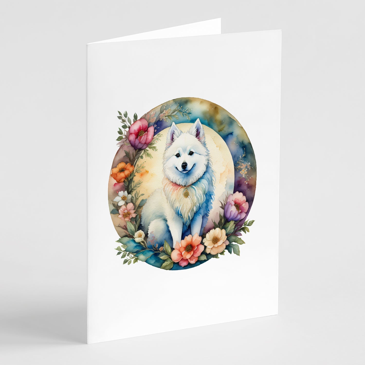 American Eskimo and Flowers Greeting Cards Pack of 8 Blank Cards with Envelopes Whimsical A7 Size 5x7