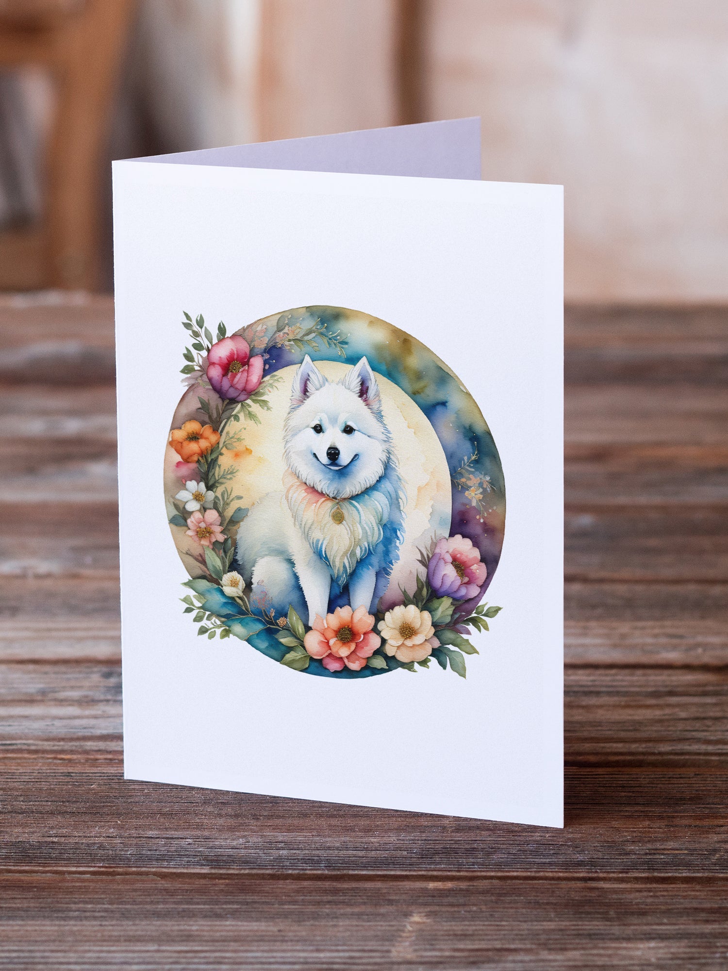 American Eskimo and Flowers Greeting Cards Pack of 8 Blank Cards with Envelopes Whimsical A7 Size 5x7