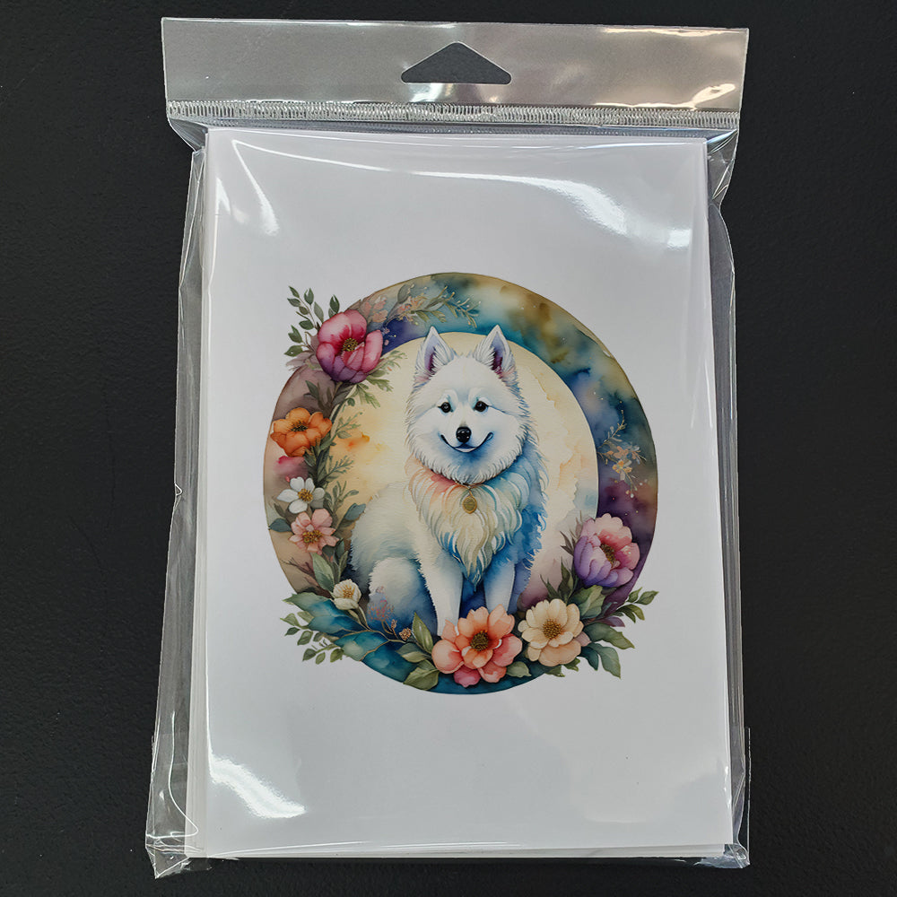 American Eskimo and Flowers Greeting Cards Pack of 8 Blank Cards with Envelopes Whimsical A7 Size 5x7