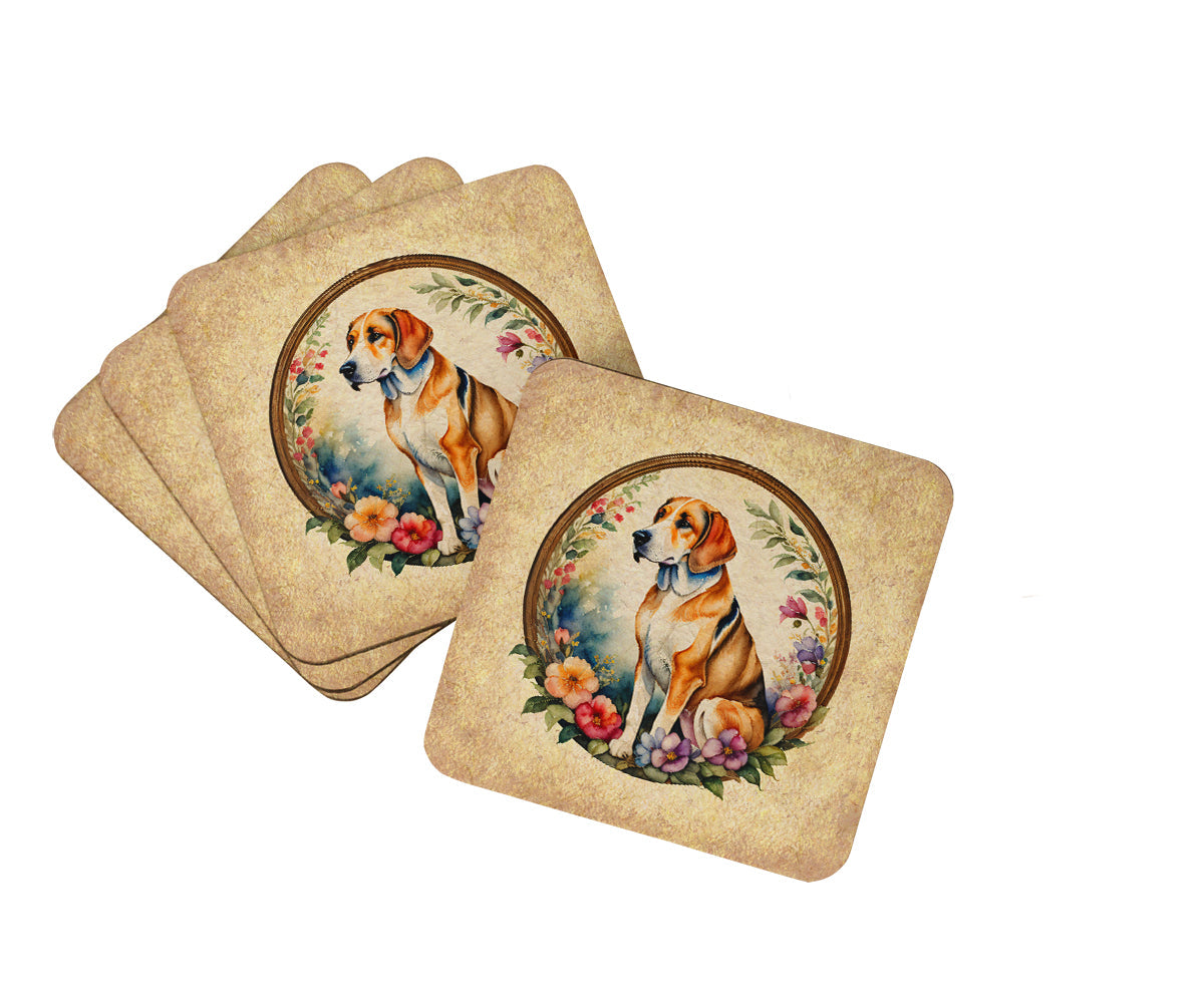 American Foxhound and Flowers Foam Coasters Set of 4 Cup Coasters for Indoor Outdoor, Tabletop Protection, Anti Slip, Mouse pad Material