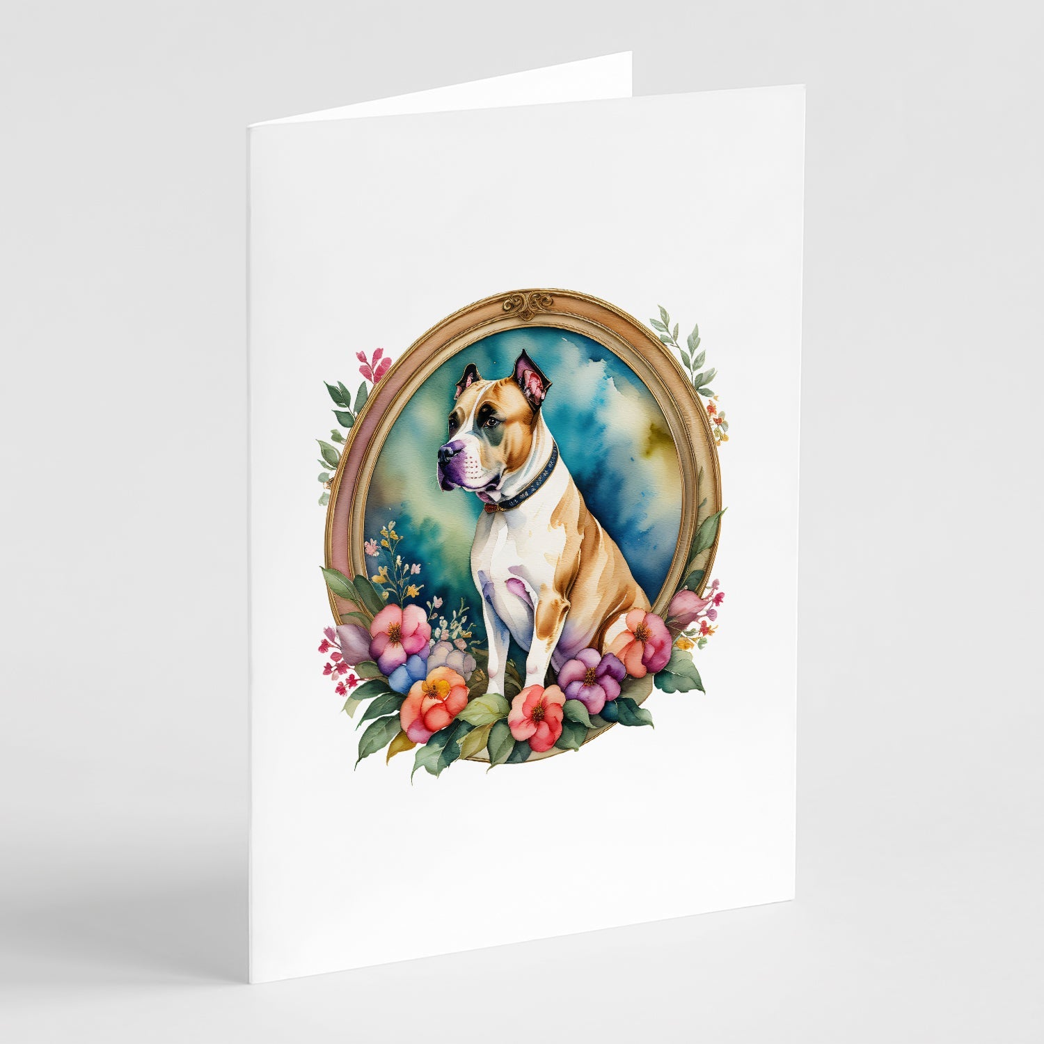 American Staffordshire Terrier and Flowers Greeting Cards Pack of 8 Blank Cards with Envelopes Whimsical A7 Size 5x7