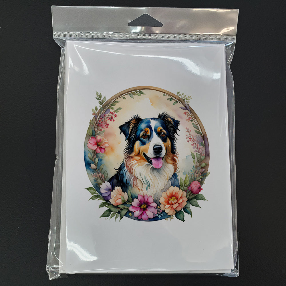 Australian Shepherd and Flowers Greeting Cards Pack of 8 Blank Cards with Envelopes Whimsical A7 Size 5x7