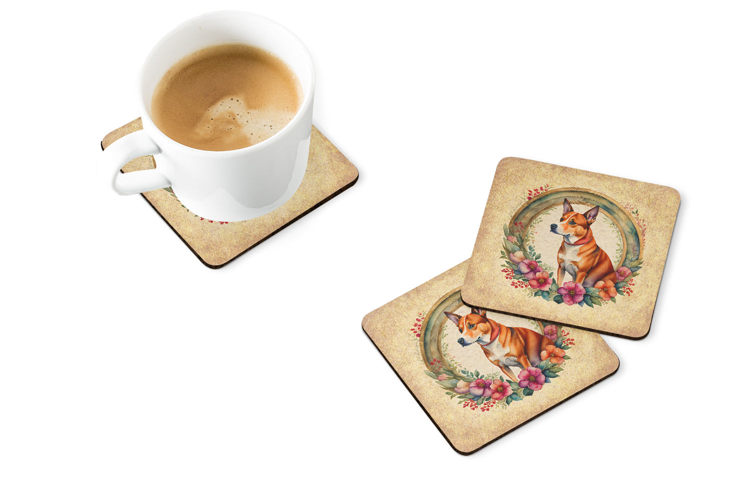 Basenji and Flowers Foam Coasters Set of 4 Cup Coasters for Indoor Outdoor, Tabletop Protection, Anti Slip, Mouse pad Material