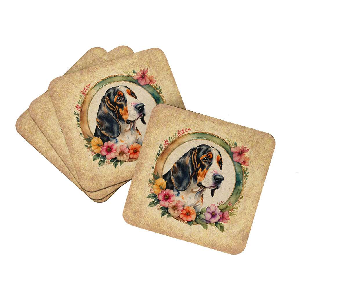 Basset Hound and Flowers Foam Coasters Set of 4 Cup Coasters for Indoor Outdoor, Tabletop Protection, Anti Slip, Mouse pad Material