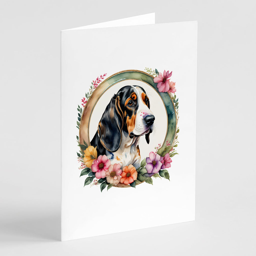 Basset Hound and Flowers Greeting Cards Pack of 8 Blank Cards with Envelopes Whimsical A7 Size 5x7