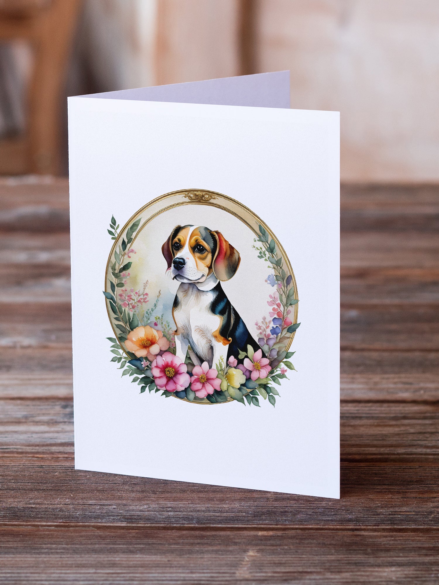 Beagle and Flowers Greeting Cards Pack of 8 Blank Cards with Envelopes Whimsical A7 Size 5x7