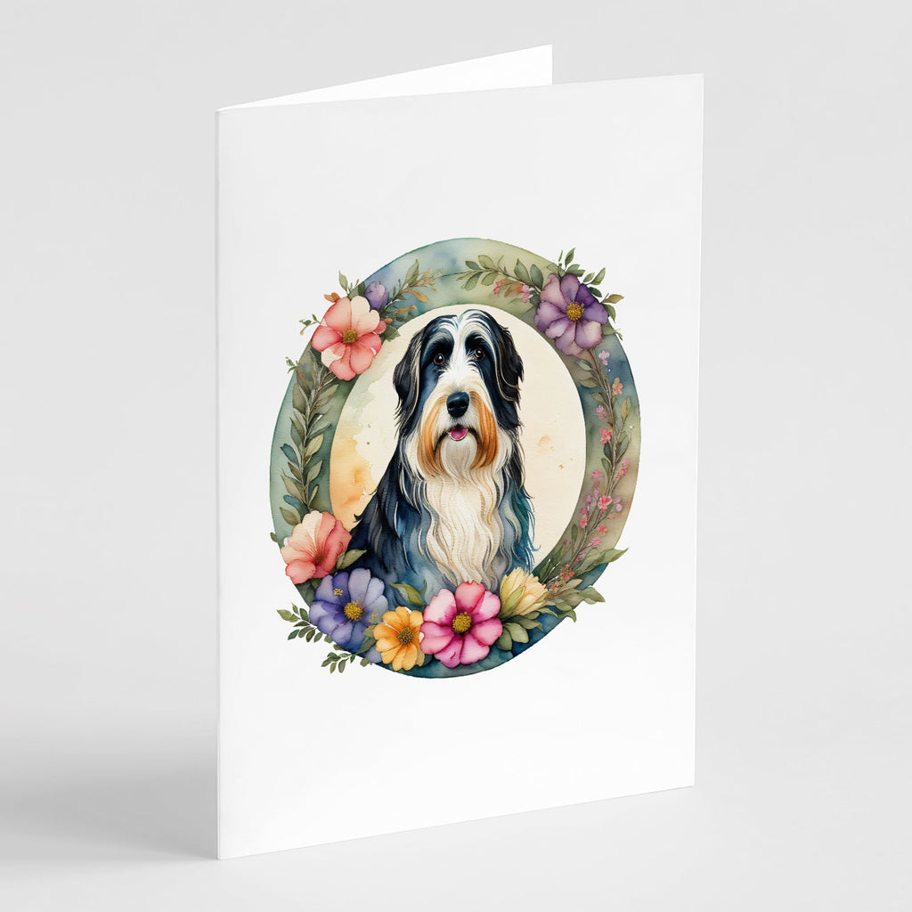 Bearded Collie and Flowers Greeting Cards Pack of 8 Blank Cards with Envelopes Whimsical A7 Size 5x7