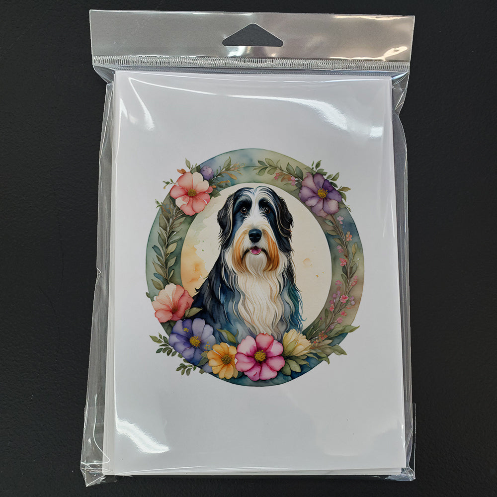 Bearded Collie and Flowers Greeting Cards Pack of 8 Blank Cards with Envelopes Whimsical A7 Size 5x7