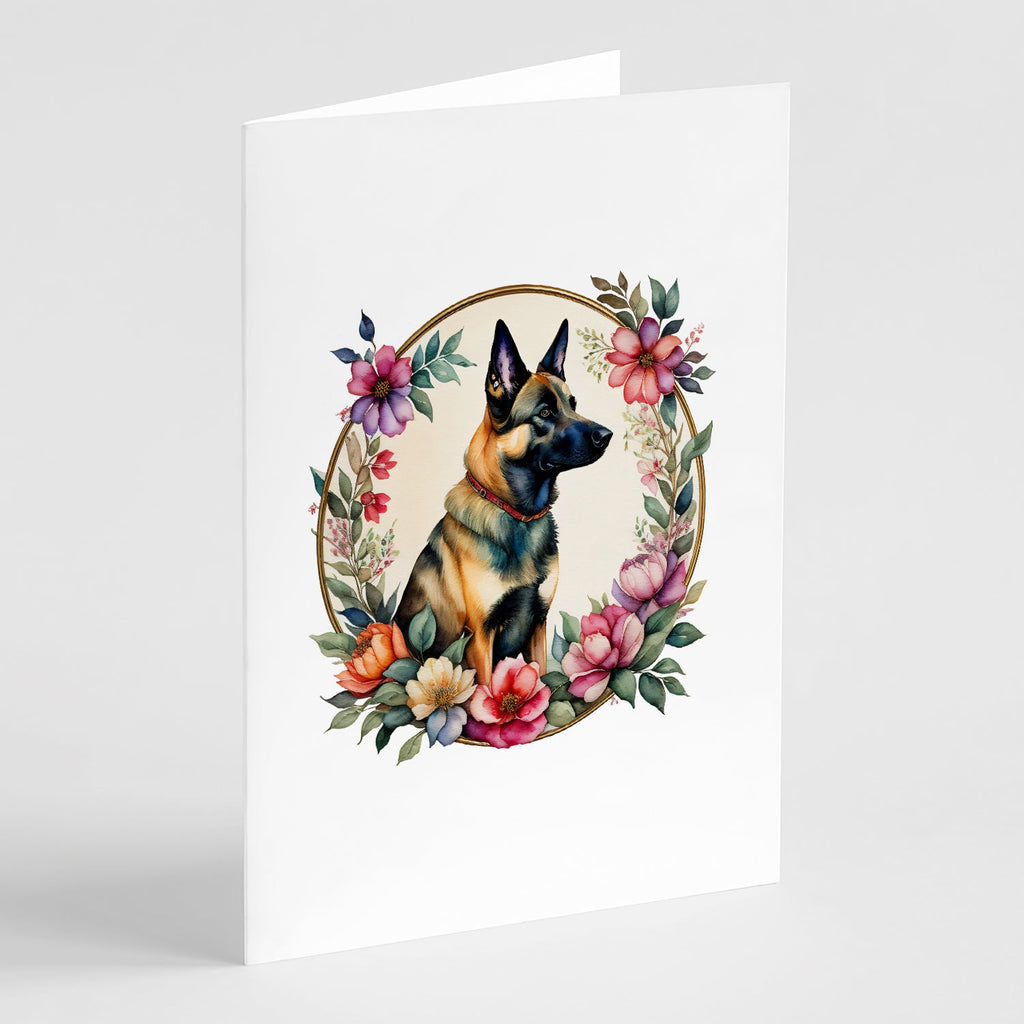 Belgian Malinois and Flowers Greeting Cards Pack of 8 Blank Cards with Envelopes Whimsical A7 Size 5x7
