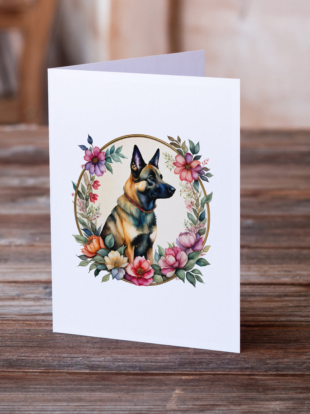 Belgian Malinois and Flowers Greeting Cards Pack of 8 Blank Cards with Envelopes Whimsical A7 Size 5x7