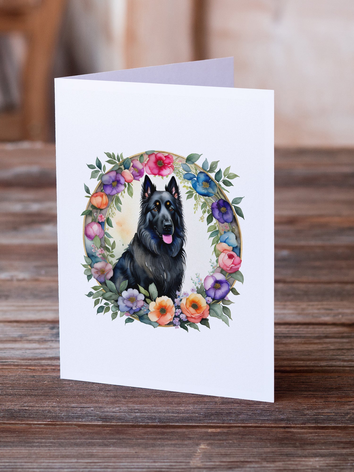 Belgian Sheepdog and Flowers Greeting Cards Pack of 8 Blank Cards with Envelopes Whimsical A7 Size 5x7